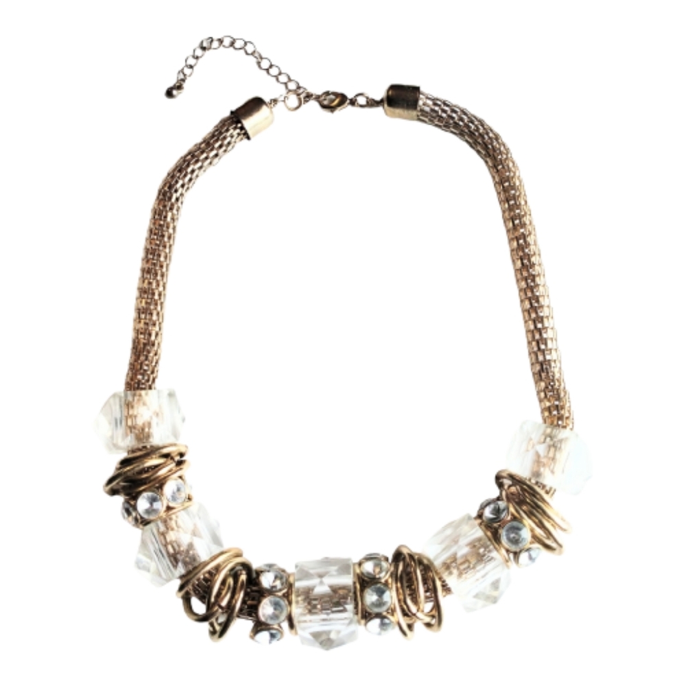 Catherine Stein Mesh Slide Gold Tone Rhinestone And Clear Plastic Beaded...